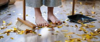 Confetti on the floor, broom and dustpan